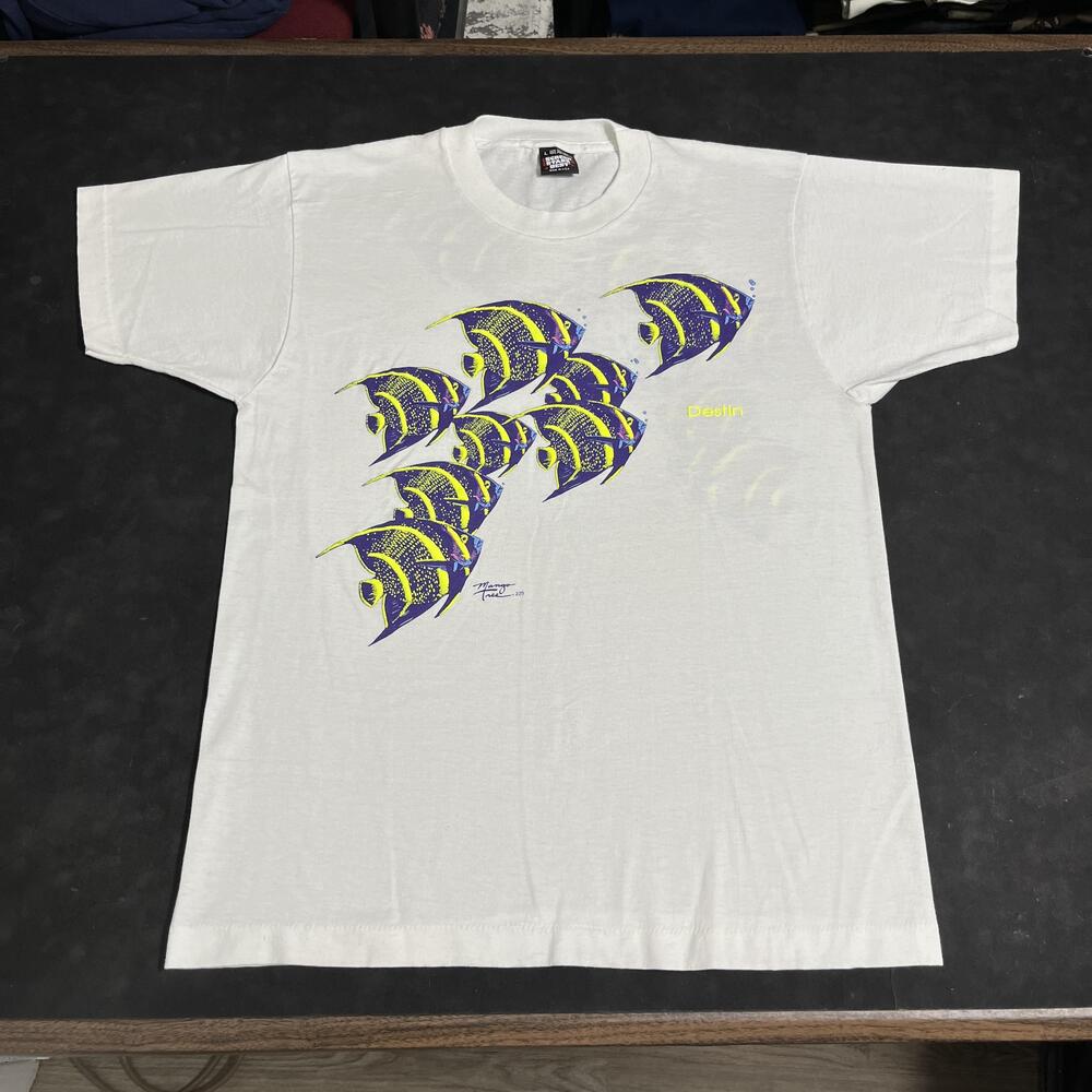 Vintage Mango Tree Shirt Tropical Angel Fish Screen Stars 90s Tee Neon Nature